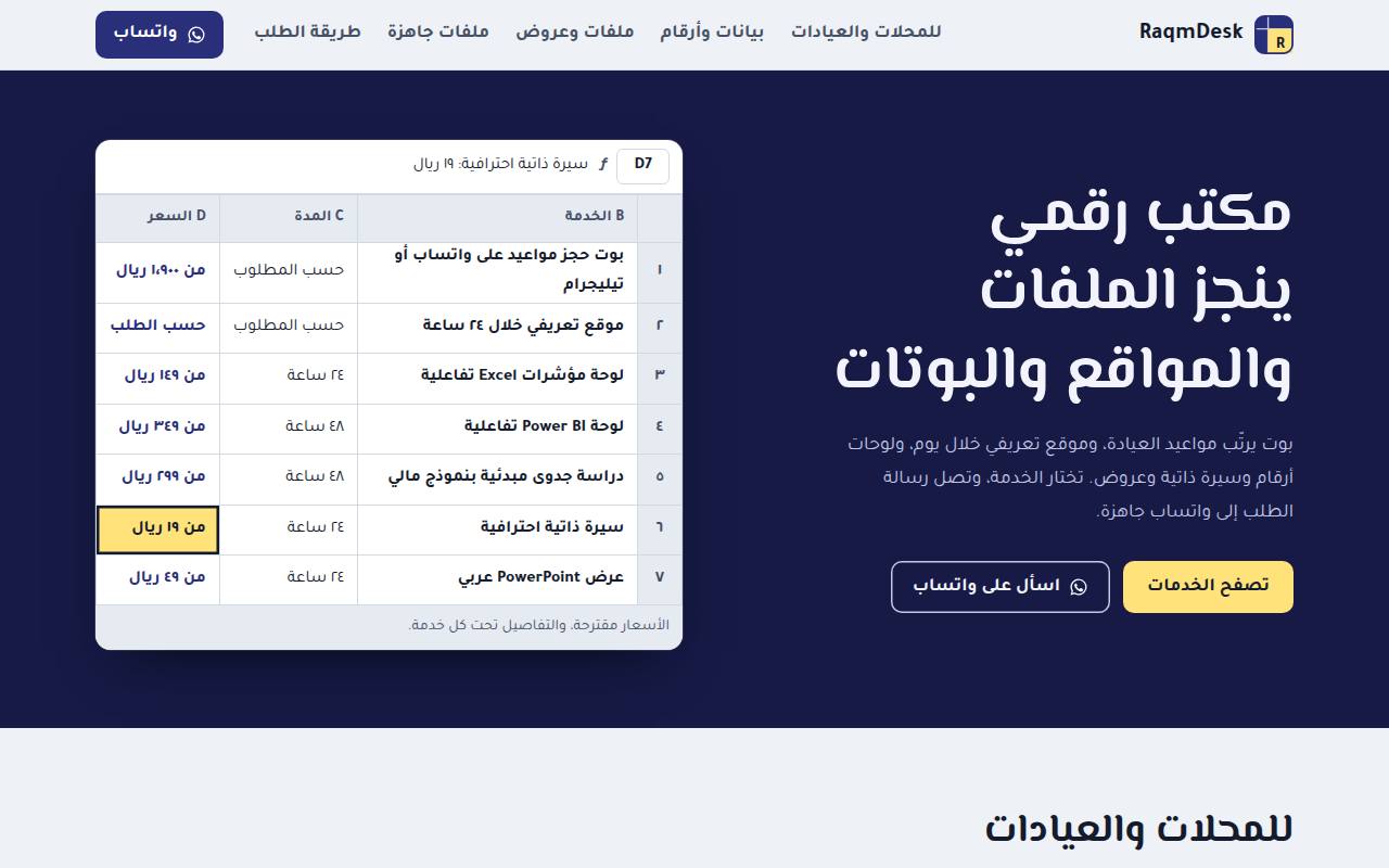 صورة الصفحة الرئيسية لموقع RaqmDesk